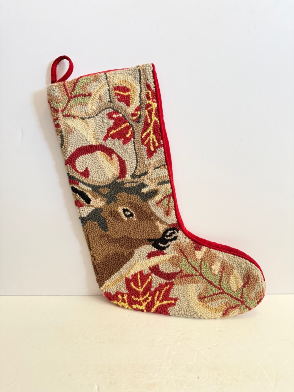 VTG Peking Handicraft Woodland Deer Hooked Wool Christmas Stocking Red Velvet